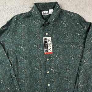 Vintage Key Elements 90's Button Shirt Green Floral Long Sleeve Sz‎ Large NOS